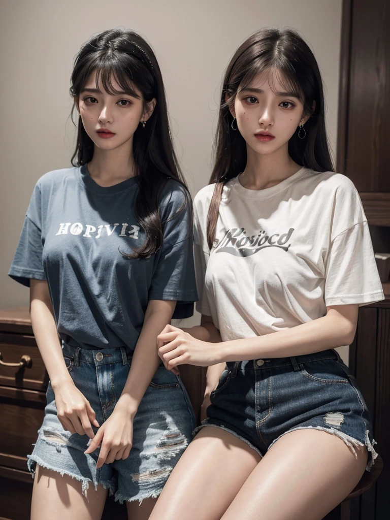 absurdres, RAW photo, extremely delicate and beautiful, masterpiece, Best Quality, ultra high resolution, 32k, hyperrealistic, ultra-detailed, delicate facial features, beautiful detailed woman, tearful mole, earring, medium breasts, full body shot, medium hair, black hair, cap, T-shirt, baggy shorts, 2 girls,