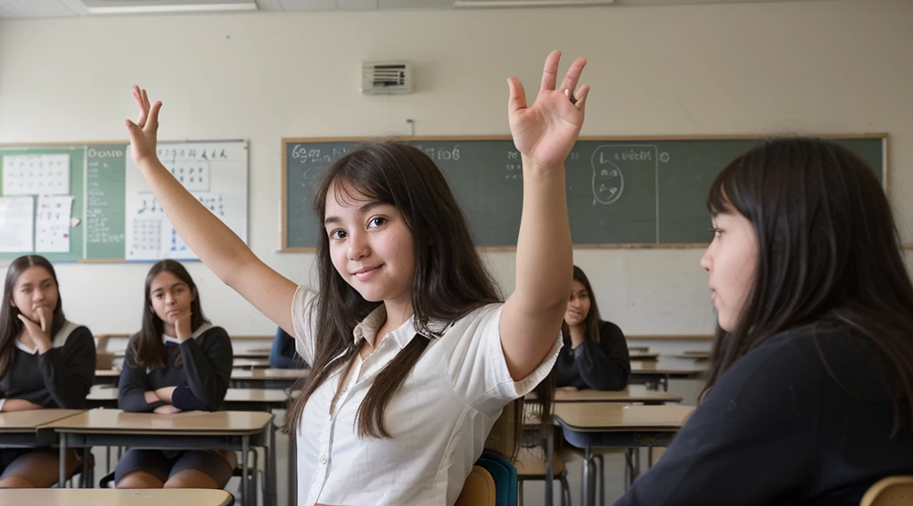 student girl in class raised hand as she want to ask a question