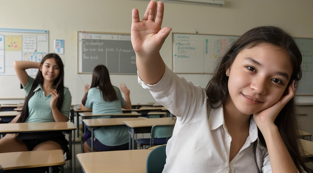 student girl in class raised hand as she want to ask a question