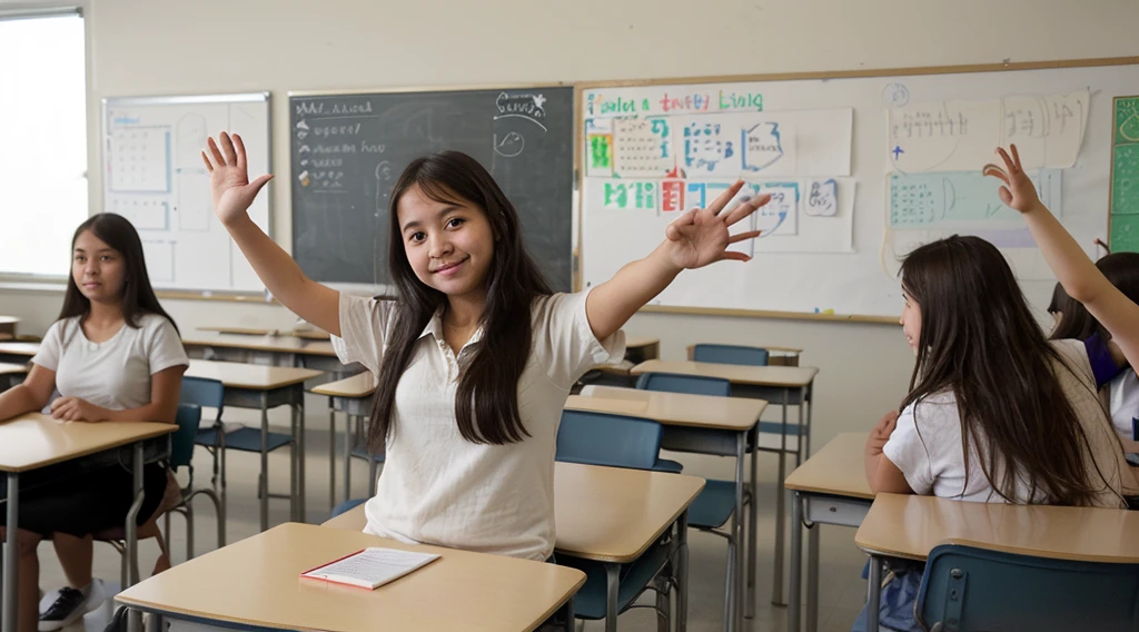 student girl in class raised hand as she want to ask a question