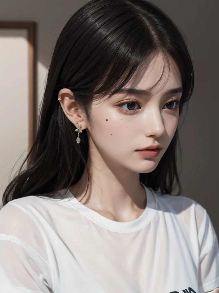 absurdres, RAW photo, extremely delicate and beautiful, masterpiece, Best Quality, ultra high resolution, 32k, hyperrealistic, ultra-detailed, delicate facial features, beautiful detailed woman, tearful mole, earring, medium breasts, full body shot, medium hair, black hair, cap, T-shirt, baggy shorts, 2 girls,