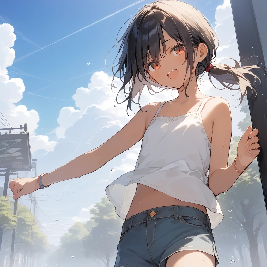 score_9, score_8_up, score_7_up, source_anime, best quality, masterpiece, official art, absurdres, highres, ultra-detailed,waifu2x,Collection: Slice of Life,break,1girl, tomboy, dark-skinned female, short hair, low ponytail, flat chest, beautiful detailed eyes, short shorts, sweat, open mouth, (yawn:0.3), sleepily, outdoors, wind,break,(clear line illustration:1.2), super detailed skin,very high resolution, very aesthetic, Best sexual lighting powered by famous artist, 8k,cute picture,beauty illustration,photoshop_(medium),,(Detailed Lighting),best anime 8k konachan wallpaper, pixiv contest winner, 