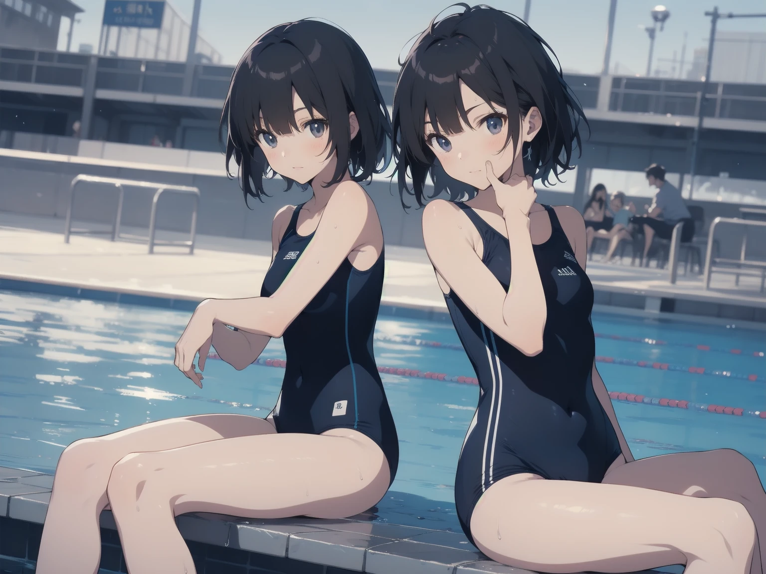ultra-Top-quality by art God, ultra-detailed, high resolution, shinkai makoto style, anime moe artstyle, best anime 8k konachan wallpaper, pixiv contest winner, perfect anatomy, break,(Please draw a picture of a girl in a swimsuit sitting on a bench by the poolside alone.),break, a hyperrealistic school girl, parted lips, (Solo,lolita, ???, 13-year-old:1.3),Full limbs, complete fingers, androgynous charm, very short hair, wet hair, small breasts,slender body, Small butt, groin, Small black eyes,hanme,beautiful detailed eyes, well-proportioned iris and pupils, sleepily, highres detailed hair, swimsuit, wet swimsuit, bare shoulders, thighs, in the school pool. break,dewy skin, perspiration on the skin,skin texture, fine lines, pores, natural imperfections,light reflections, glossy skin, shiny skin,break,super detailed skin, shiny skin, Best lighting powered by famous artist, 8k, illustration,UHD, textured skin,break,((artist:toosaka_asagi )), artist:clamp ,artist:carnelian ,artist:kantoku ,