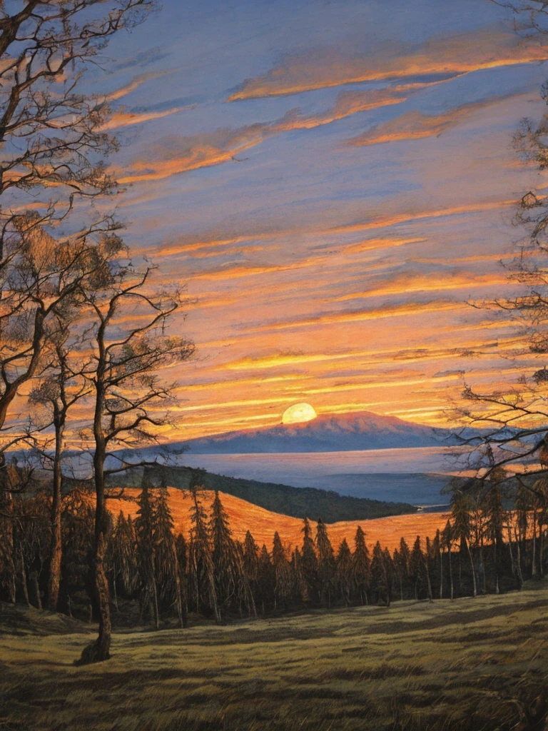 Distant Mountains,Sunset,Lake,Trees nearby