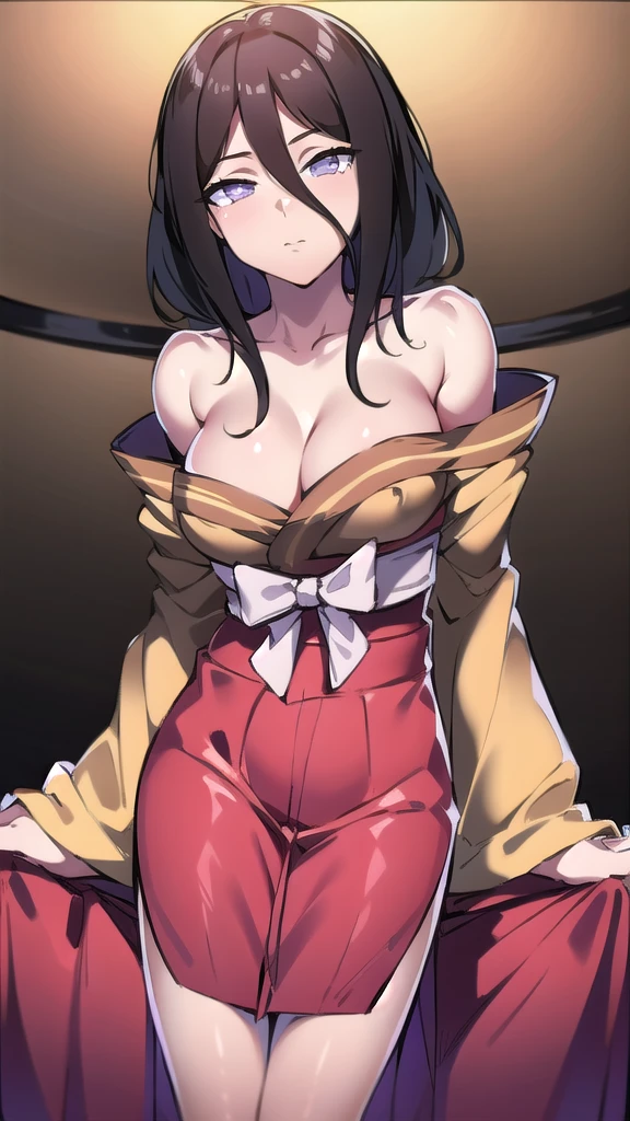 BREAK looking at viewer, BREAK (masterpiece:1.2), best quality, high resolution, unity 8k wallpaper, (illustration:0.8), (beautiful detailed eyes:1.6), extremely detailed face, perfect lighting, extremely detailed CG, (perfect hands, perfect anatomy),room,candles, night, silk bed,,hyuuga hanabi, brown hair, hair between eyes, long hair, purple eyes, bare shoulders,skinny fit, long legs,stockings,yellow kimono,short kimano, lace bra,full body,from below,bend over.