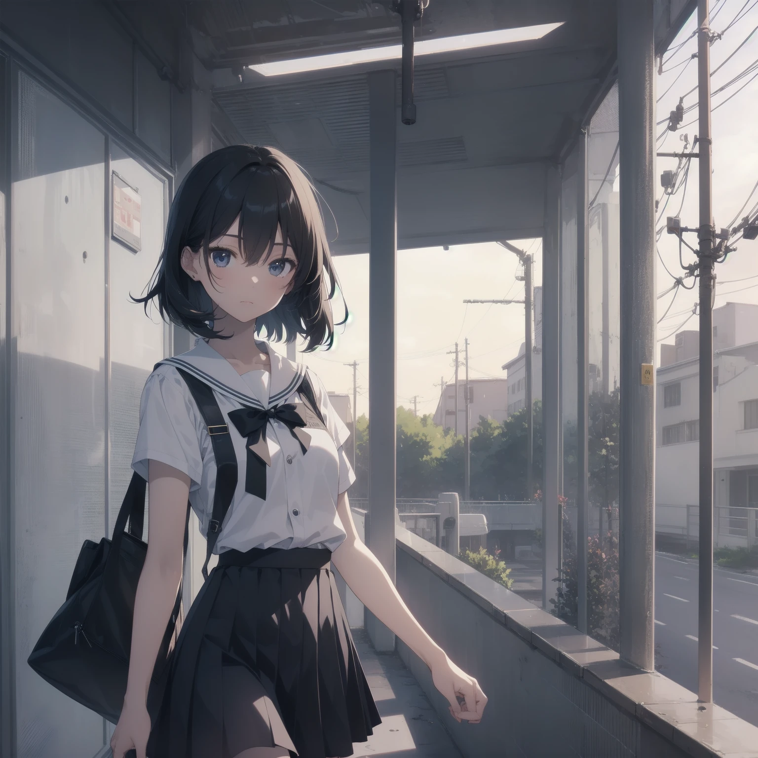 ultra-absurdres-Top quality by artist God, ultra-detailed, high resolution, anime moe artstyle, best anime 8k konachan wallpaper, pixiv contest winner, pool:2810, perfect anatomy,break, 1girl, (Please draw a girl walking sleepily to school alone. )break,(Solo,little female, 13-year-old:1.3),Full limbs, complete fingers,a junior high school student, (very short hair), short cut, flat chest, , small butt, small black eyes, beautiful detailed eyes, well-proportioned iris and pupils, expressive eyes, highres detailed hair, soft expression, salor school_uniform, sailor collar, serahuku, bow, pleated skirt,(Detailed Lighting), (Detailed background), in the School commute route. break,super detailed skin, Best cinematic lighting powered by famous artist, 8k,beauty illustration,photoshop_(medium),very aesthetic,break,((artist:hana_kazari )), artist:clamp ,artist:carnelian ,artist:kantoku ,
