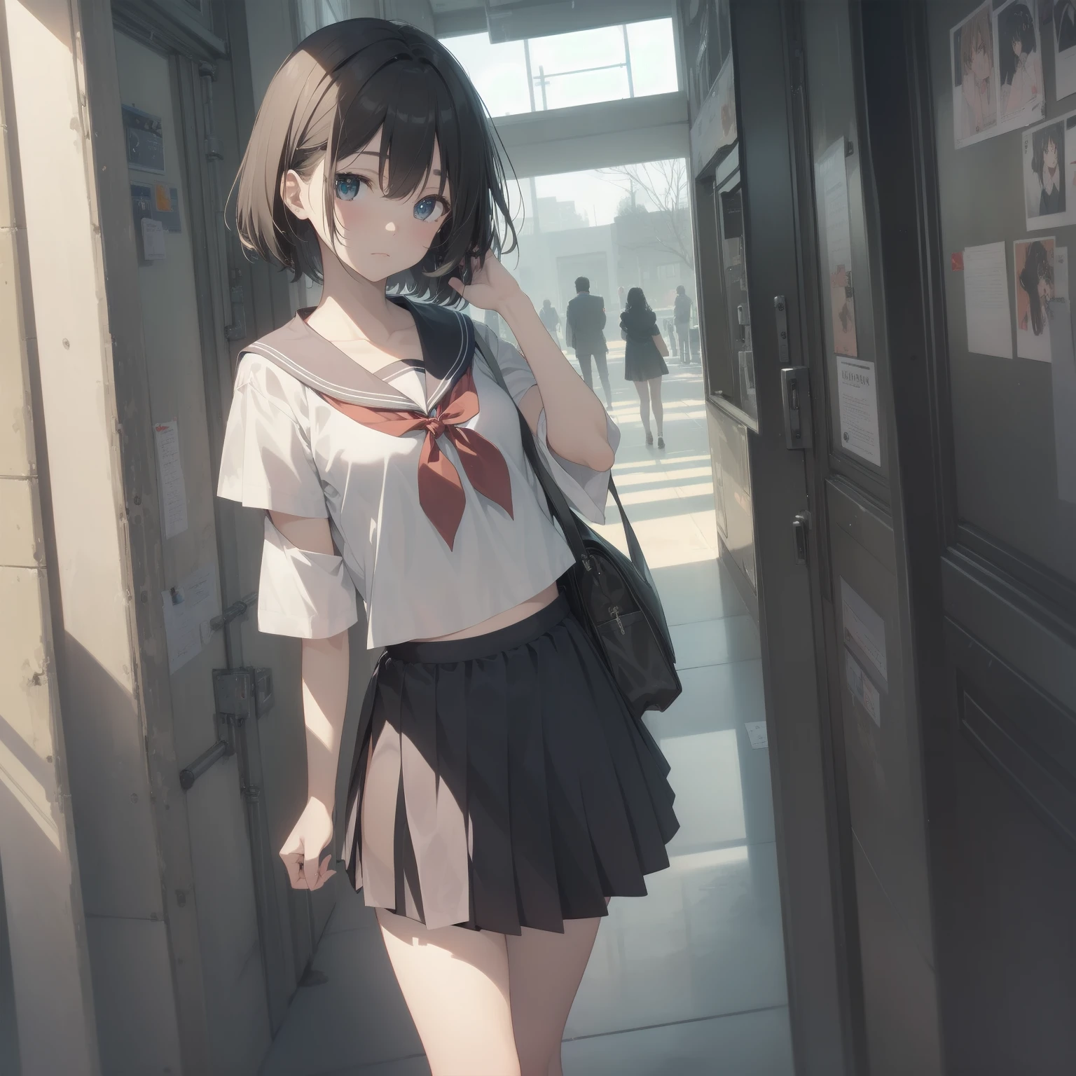 ultra-absurdres-Top quality by artist God, ultra-detailed, high resolution, anime moe artstyle, best anime 8k konachan wallpaper, pixiv contest winner, pool:2810, perfect anatomy,break, 1girl, (Please draw a girl walking sleepily to school alone. )break,(Solo,little female, 13-year-old:1.3),Full limbs, complete fingers,a junior high school student, (very short hair), short cut, flat chest, , small butt, small black eyes, beautiful detailed eyes, well-proportioned iris and pupils, expressive eyes, highres detailed hair, soft expression, salor school_uniform, sailor collar, serahuku, bow, pleated skirt,(Detailed Lighting), (Detailed background), in the School commute route. break,super detailed skin, Best cinematic lighting powered by famous artist, 8k,beauty illustration,photoshop_(medium),very aesthetic,break,((artist:hana_kazari )), artist:clamp ,artist:carnelian ,artist:kantoku ,