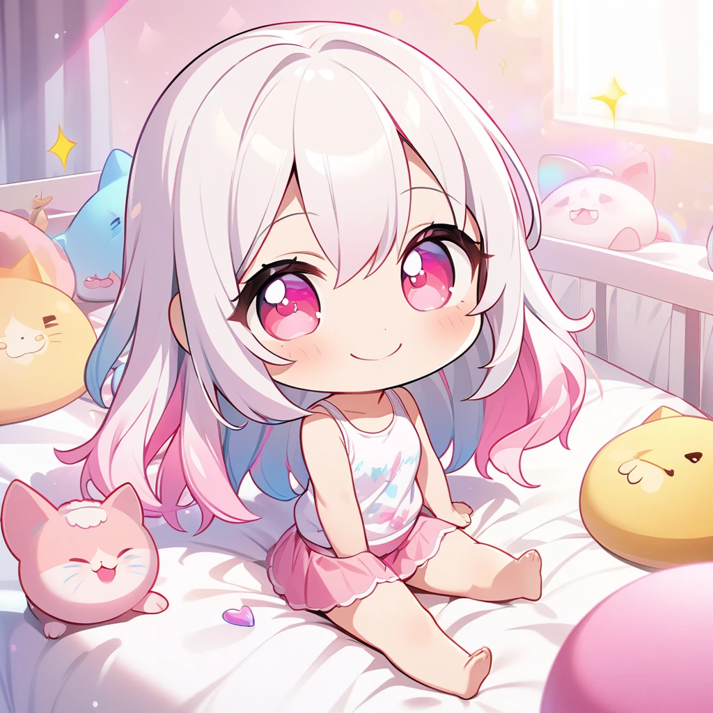 masterpiece, best quality, 4k、2D Illustration、one beautiful girl、solo、(((chibi style)))、((vivid colors))、cute chibi、lovely chibi、long beautiful hair, glossy light silver hair, hair between eyes, cute、beautifully detailed eyes、((tank top))、((miniskirt))、(colorful))、((happy smile))、sitting on bed、((full body shot))、((kitten)), ((lots of pink stuff around))、((bed))、sparkle、((lens flare))、