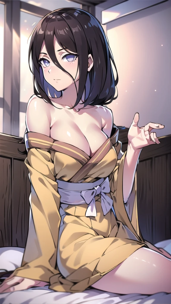 BREAK looking at viewer, BREAK (masterpiece:1.2), best quality, high resolution, unity 8k wallpaper, (illustration:0.8), (beautiful detailed eyes:1.6), extremely detailed face, perfect lighting, extremely detailed CG, (perfect hands, perfect anatomy),room,candles, night, silk bed,hyuuga hanabi, brown hair, hair between eyes, long hair, purple eyes, bare shoulders,skinny fit, long legs,stockings,yellow kimono,short kimano, lace bra,full body,from below,from behind