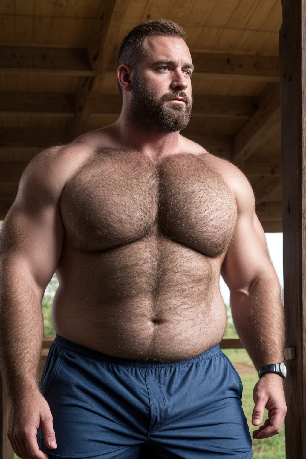8KUHD HDR Very Extremely Realistic Very Detailed High Quality Create a professional studio-style Very Real photograph featuring a middle-aged daddy rugged muscle bears man , burly, very realy detailed hairy, 8K very realistic beared big daddy muscle bear,  and 8K very realistic detailed rugged burly man and his husband in shorts. Very Realistic detailed shorts, very realistic hair, very realistic beards, very realistic thick chubby neck, very realistic neck lines, very realistic detailed neck, very realistic belly, very realistic burly chest, very realistic detailed hairy burly strong chest and arms, very realistic detailed hairy burly strong chest and arms, very realistic pecs, very realistic burly muscle bear body, very realistic nipples, very realistic burly muscle bear body, very realistic face, very realistic detailed face, very realistic eyes, very realistic detailed eyes, very realistic pupils, very realistic detailed pupils, very realistic nose, very realistic ears, very realistic facial features, very realistic burly arms, very realistic elbows, very realistic hands, very realistic pecs, very realistic belly, very realistic human man body, very realistic bellybutton, very realistic wrists, very realistic fingers, very realistic fingernails, very realistic shoulders, very realistic mouth, very realistic lips, very realistic detailed skin, very realistic skin, very realistic mens clothing, very realistic detailed mens clothing. Very Realistic Hairy Bearded Burly Muscle bear Photoshoot, A very realistic burly muscle bear man in a Farm,  8K Very Realistic Intricately Detailed, Utilize all appropriate realistic lighting techniques for studio photography" 8K very realistic detailed Farm surroundings, 8K very realistic surroundings lighting, No Deformities, captured with a 85mm lens by a world famous photographer, 8K Very Ultra Realistic and 8K Very Realistic Photograph, z8K Clear HDR Quality full with very realistic real details 