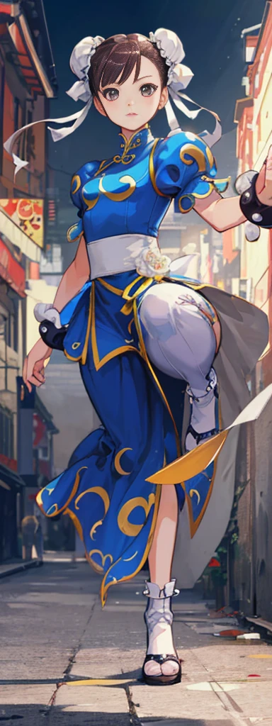 chun-li,((masterpiece)), ((best quality)), ((ultra detailed)), ((kawaii)), cute, (lovely), ((extremely detailed)), ((8K)), (beautiful),flat breast, tiny breast,full body