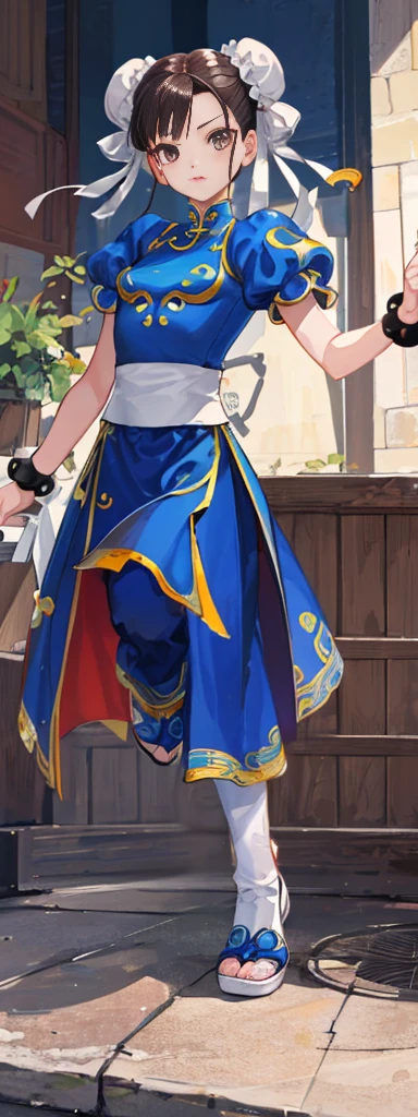 chun-li,((masterpiece)), ((best quality)), ((ultra detailed)), ((kawaii)), cute, (lovely), ((extremely detailed)), ((8K)), (beautiful),flat breast, tiny breast,full body