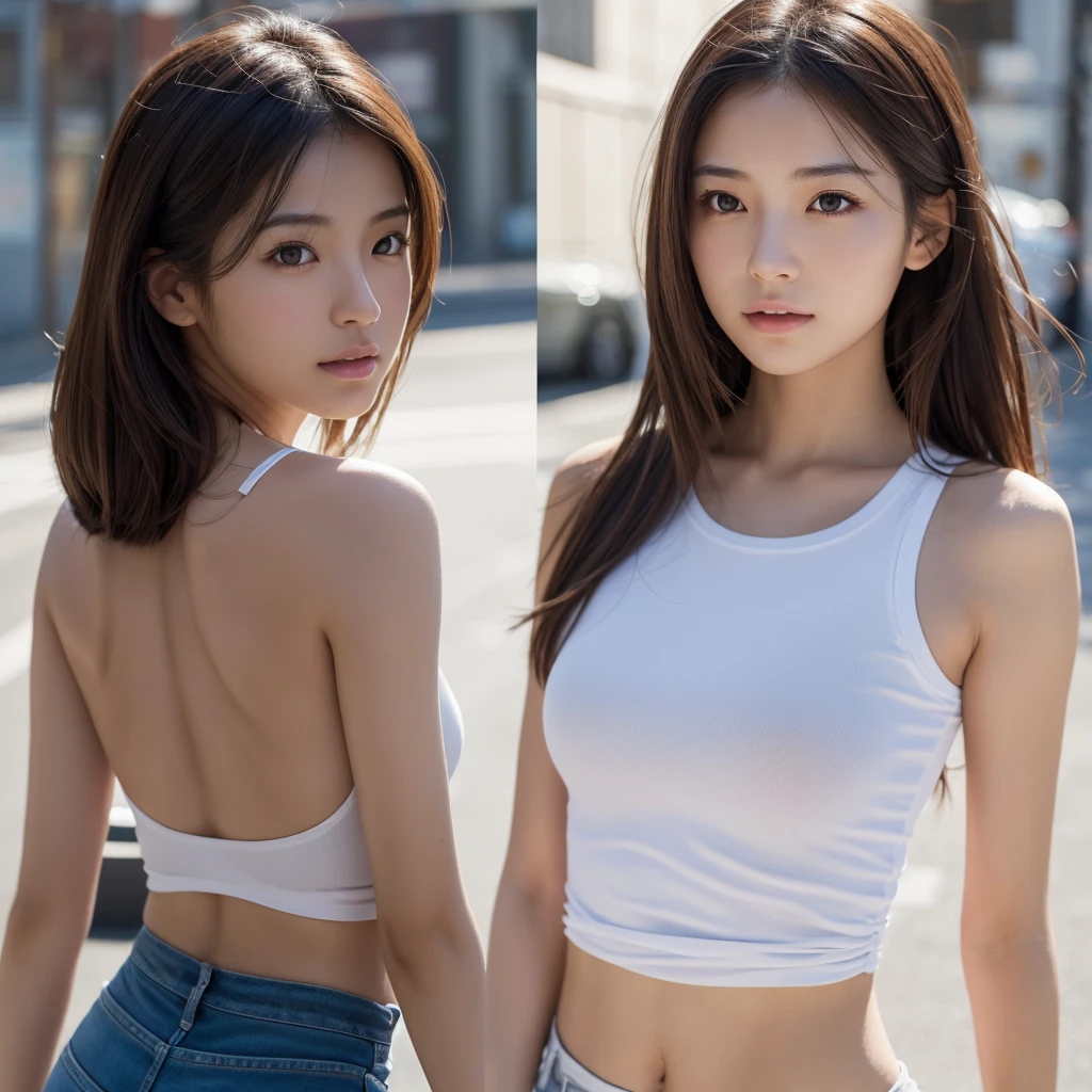 dressed, (photo realistic:1.4), (hyper realistic:1.4), (realistic:1.3),
(smoother lighting:1.05), (increase cinematic lighting quality:0.9), 32K,
1girl,20yo girl, Japanese idol, realistic lighting, backlighting, light on face, ray trace, (brightening light:1.2), (Increase quality:1.4),
(best quality real texture skin), finely detailed eyes, finely detailed face,
(tired and sleepy and satisfied:0.0), t-shirts,

a girl, tall, height 1.7meters, slender 45kg,

(Increase body line mood:1.1), shiny skin,
fit,(small hips),