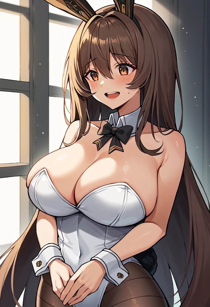 score_9, score_8_up, score_7_up, backlighting, BREAK source_anime, BREAK (1girl, solo, solo focus), noir, huge breasts, wide hips, narrow waist, very long hair, leotard, rabbit ears, rabbit tail, highleg leotard, wrist cuffs, detached collar, black bow, pantyhose, fishnets, room, mansion, open mouth, looking down, shy, smile, upper body,