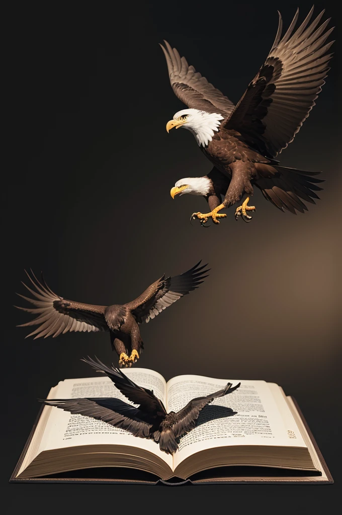 A brown book and an eagle flying in front of the book, the book is covering half of the image, and in the background a tree, and the rest of the black background