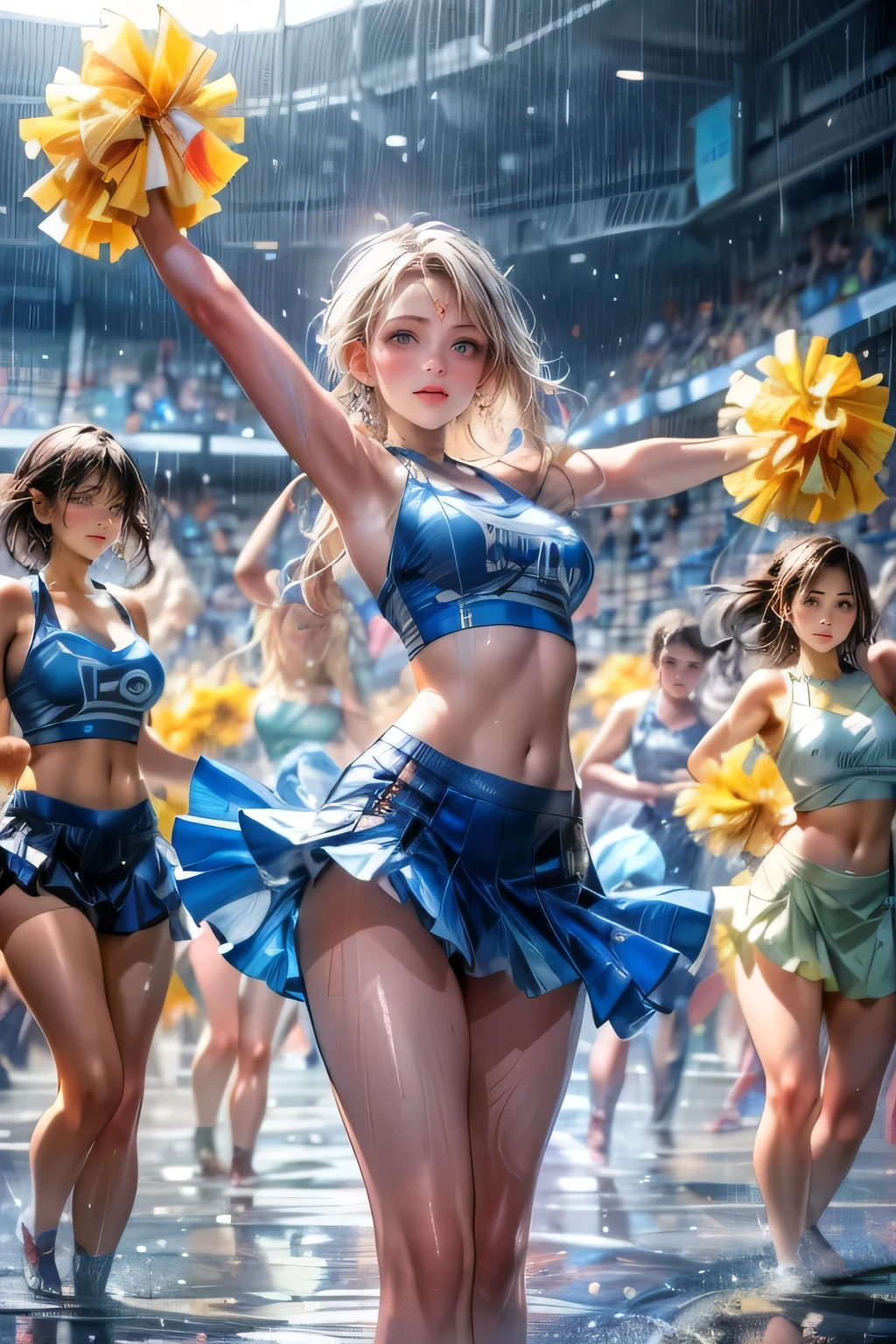 cheerleader team dancing passionately in the rain at an outdoor sports arena, holding pom-poms, beautiful cute face, dynamic dance moves, strong sense of unity with teammates, wet and sexy outfit, splashing water droplets,(highest quality,16k,highres,masterpiece:1.2),ultra-detailed,(ultra-realistic,photo-realistic:1.37),highly detailed, dynamic dance scene, dramatic lighting, cinematic, vibrant colors, rain effects,rainy landscape,sports,female athlete,dance performance