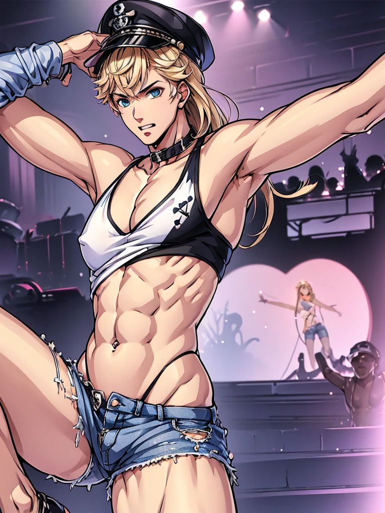 masterpiece, Ultra -HD, 8K, digital anime, bedroom alone, crossdresser alone, no muscular boy's body, pink long hair of pink emphasis, gay hentai Anime, Tall, a boy, make a bicep on your right arms, Small breasts, full body, one beautiful boys face, pink lipstick, blushing face, Fair skin, Black police hat with skull and crossbones, transparent clothes, white tank top emphasis, Actually male, Breast visible, see-through breasts, belly button exposed, micro denim shorts, crotch emphasis, sexy fish nets, legs spread, lovestruck face, sexy pose, The crotch bulges a lot, The crotch bulges a lot, Handcuffs are hanging from his denim shorts, 2 arms, 2 legs, black high heels