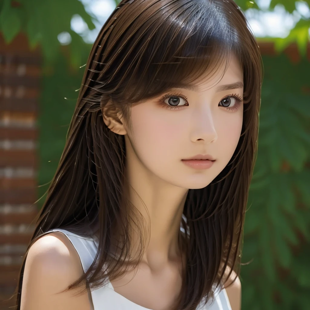 one girl, (a beauty girl, delicate girl:1.3), (:1.3),
break, (with collarsleeveless　white:1.2),
break, Very fine grain definition, (Symmetrical eyes:1.3),
break, (Lush green park:1.3), 
break, Small breasts, Brown eyes, Parted bangs, Brown Hair,  girl,
break, (Eye and facial details:1.0),
break, (masterpiece, Highest quality, Super detailed, Detailed face, 8K)