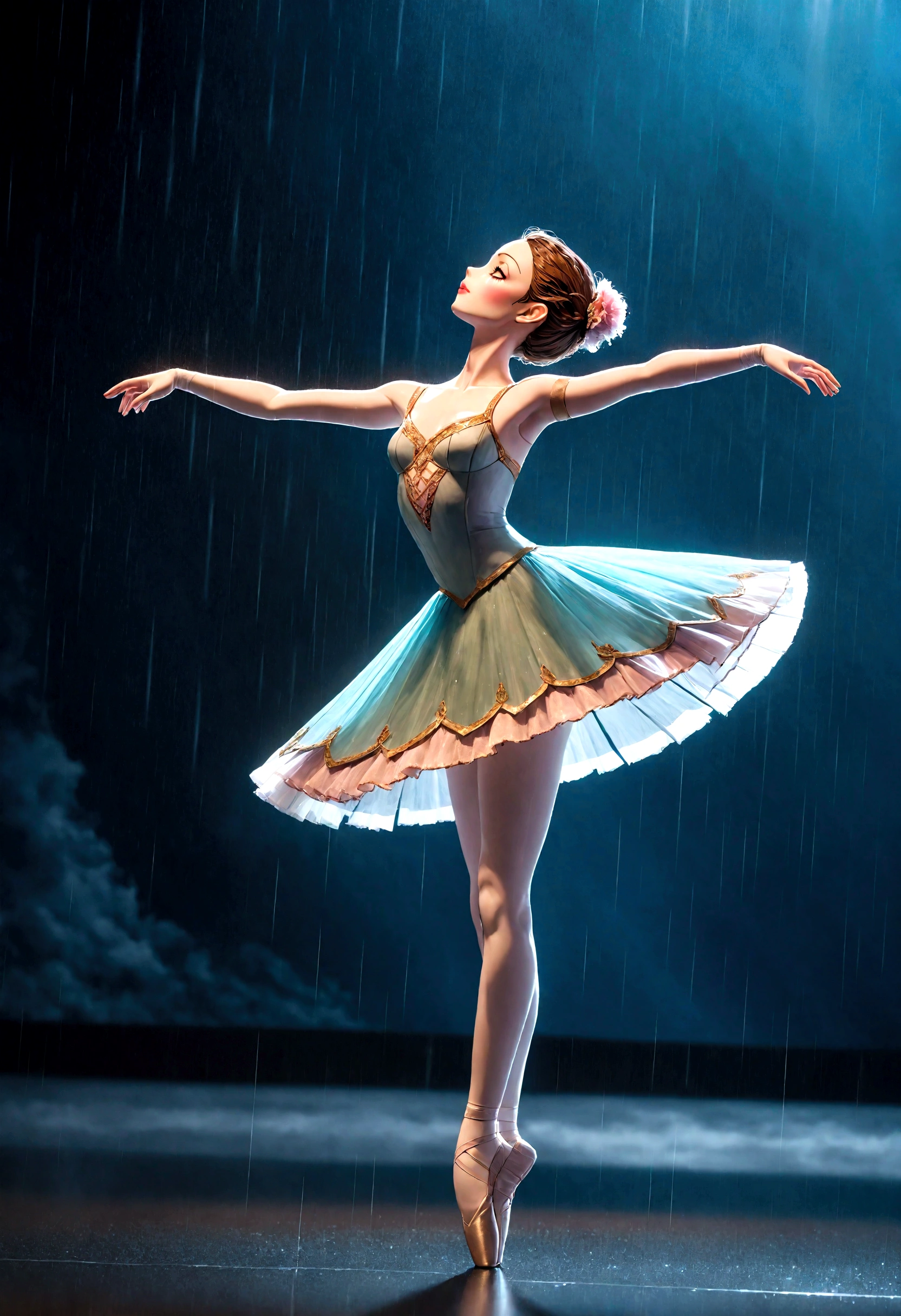 a lifelike puppet performing ballet on a stage with a rainy background, anatomically correct, UHD, high quality, highres, masterpiece, award winning