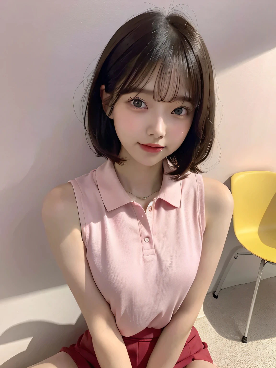 One person、11 years old、Full body photo,slender、woman、White drool coming out of the mouth、smile、、Short Bob Hair、 Fair skinned and super cute、Soft and Face、8K resolution、Surreal、Ultra high definition、 A-cup small breasts((Highest resolution、8K、masterpiece:1.3))、Ultra-fine face、Ultra Fine Lips、Beautiful Eyes、double eyelid,Pink wall、A sleeveless, collared red polo shirt、Yellow Skirt、Thighs、thin,Thighsが見える、Shapely small breasts、sexy、So cute!,Sitting in a chair、Thighsが見える、