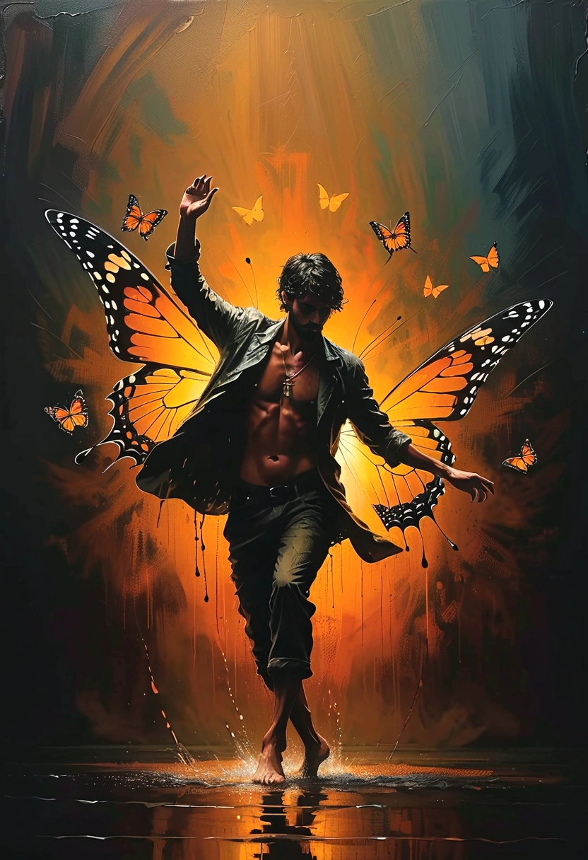 1 man dancing in the rain, soul dancer, barefoot, loose tattered clothes, (((dancing on tiptoes, 1 butterfly on fingertips))), captivating, splashing water, chiaroscuro, minimalist, atmospheric, iron chain background