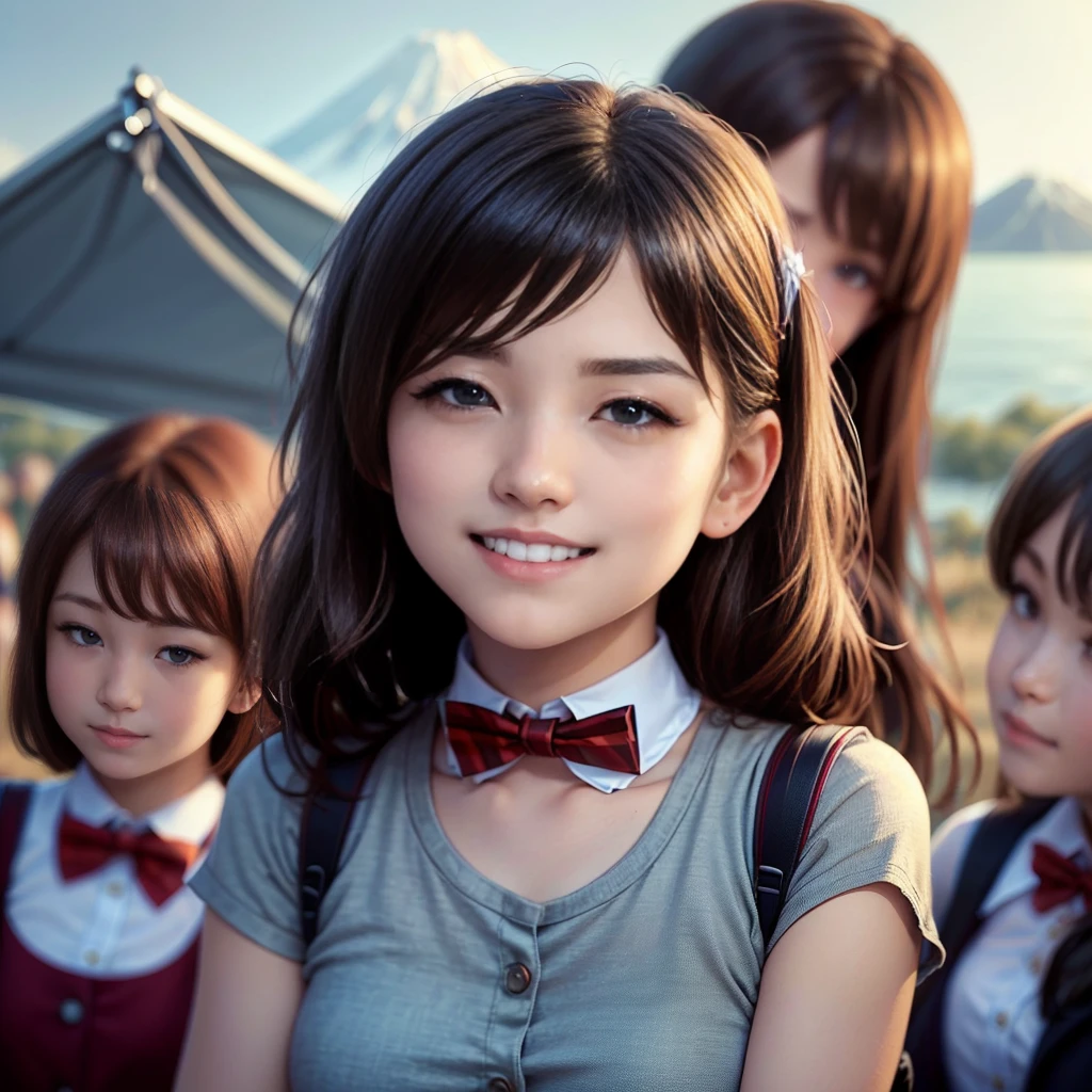((8K, RAW Photos, Highest quality, masterpiece)), High-resolution RAW color photos、

Professional close-up photography, (Realistic, フォトrealism: 1.37), 

(Highest quality), (Best Shadow), (Best illustrations),

High-quality images、Skin Radiance、Texture of skin and clothing、

Expression of fine eyes、Shiny Hair,Long Hair Girl, Manga inspired by Lee Jong-suk, 

Trending on deviantart, realism, detailed manga style, Manga art style,

Perfect Line Drawing, Beautiful line art, digital manga art girl, K-POPアイドル,

 Beautiful brown eyes, Fuller lips, Gorgeous face with attention to detail, 

(Cute Smile), attractive, Innocent, (Perfectly detailed face), 

(Detailed and carefully drawn hand) Photorealistic images, Written boundary depth, 

(Japanese style princess cut hairstyle:1.5), 

best quality, masterpiece, New Year, 



Three Japanese high-school cute girls, ((looking straight:1.7)), 


a short-sleeved Japanese-blue-high-school-sailor-suit,

((Reddish bow tie, with a school bag:1.5)) 



((gently smiling:1.7)), 

((upper arms hidden by clothes and hair:1.5)),

(innocent and pure high-school-girls:1.7)



(separately side by side:1.5), 

shrine background, (mount Fuji:1.3), (outdoors:1.5)



