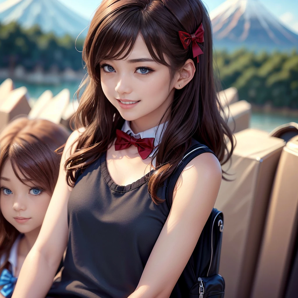 ((8K, RAW Photos, Highest quality, masterpiece)), High-resolution RAW color photos、
Professional close-up photography, (Realistic, フォトrealism: 1.37),
(Highest quality), (Best Shadow), (Best illustrations),
High-quality images、Skin Radiance、Texture of skin and clothing、
Expression of fine eyes、Shiny Hair,Long Hair Girl, Manga inspired by Lee Jong-suk,
Trending on deviantart, realism, detailed manga style, Manga art style,
Perfect Line Drawing, Beautiful line art, digital manga art girl, K-POPアイドル,
Beautiful brown eyes, Fuller lips, Gorgeous face with attention to detail,
(Cute Smile), attractive, Innocent, (Perfectly detailed face),
(Detailed and carefully drawn hand) Photorealistic images, Written boundary depth,
(Japanese style princess cut hairstyle:1.5),
best quality, masterpiece, New Year,
Three Japanese high-school cute girls, ((looking straight:1.7)),
a short-sleeved Japanese-blue-high-school-sailor-suit,
((Reddish bow tie, with a school bag:1.5))
((gently smiling:1.7)),
((upper arms hidden by clothes and hair:1.5)),
(innocent and pure high-school-girls:1.7)
(separately side by side:1.5),
shrine background, (mount Fuji:1.3), (outdoors:1.5)