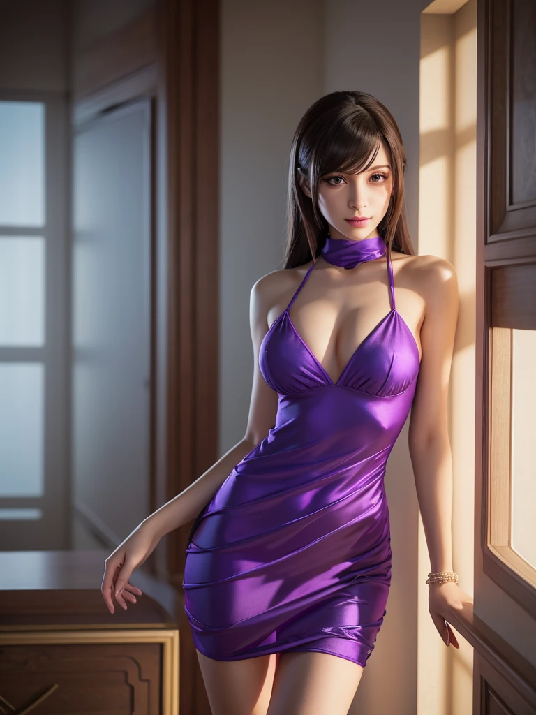 Arabian woman in purple dress posing in a room, chic, Tear from Overlord, Maya Faye from Ace Attorney, Highly detailed rendering, sakimichan hdri, Faye Valentine, Semi-realistic rendering, Hyperreal Rendering, Magical girl in a tight short dress, Photorealistic perfect body, Shima Pan (Covered), [ 4K Photorealism ]!!