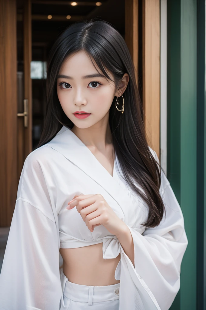(Highest quality, 8K, masterpiece: 1.3)), (1 person: 1.4), 1 personの女の子, Japanese women, goddess, Portrait Photography, High Contrast, God's Perspective, Aperture F1.2, Focal length 24mm, (whole body: 1.5), smile, Photo pose, Quality lace, Slip dress, Simple Cut dress, Branded Dresses, Simple Cut, Long black hair, Tying up hair, Highly detailed skin details, Detailed fabric texture
