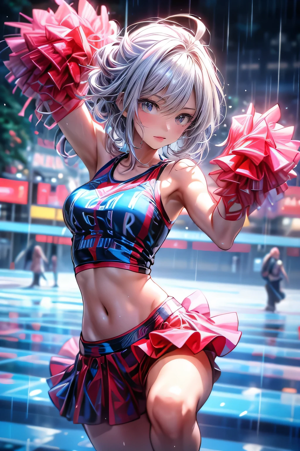 cheerleader dancing passionately in the rain at an outdoor sports arena, holding pom-poms, dynamic dance moves, strong sense of unity with teammates, wet and sexy outfit, splashing water droplets,(highest quality,16k,highres,masterpiece:1.2),ultra-detailed,(ultra-realistic,photo-realistic:1.37),highly detailed, dynamic dance scene, dramatic lighting, cinematic, vibrant colors, rain effects,rainy landscape,sports,female athlete,dance performance