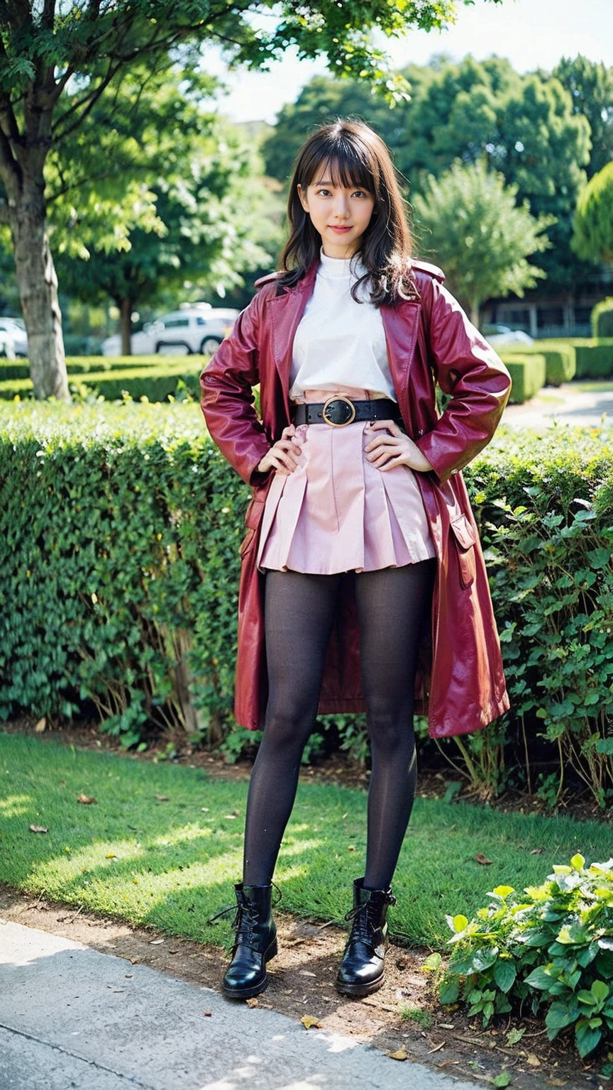 (8K、RAW Photos、Highest quality、masterpiece:1.2)、(Realistic、Realistic)、1 Girl、((mini skirt、Pink Coat、black、Thin legs、whole body、boots、one piece、tights、garden、View from the front、Looking into the camera、belt、Stand with hands on hips))、cute