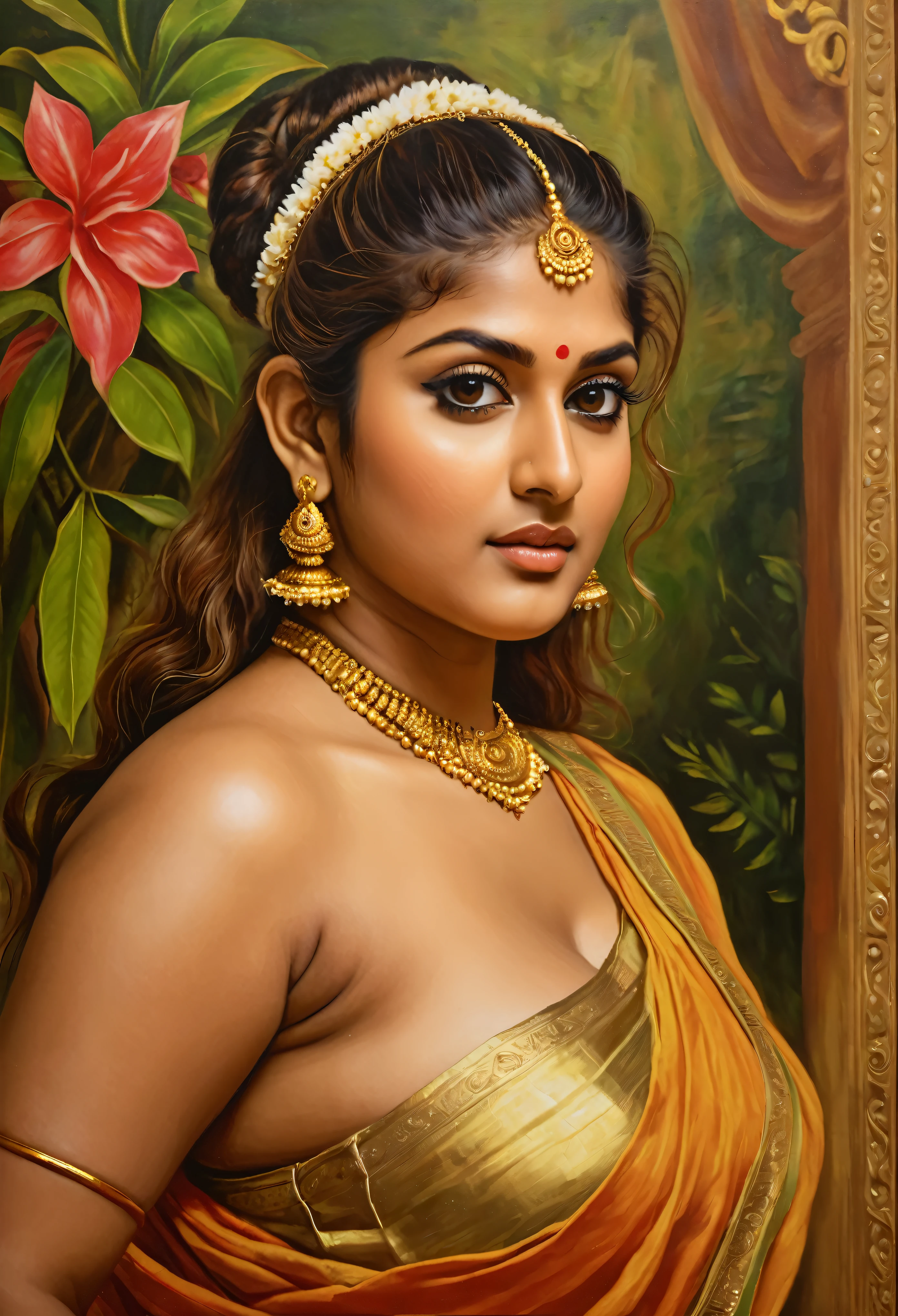Looks like Nayanthara, exotic Indian art, inspired by oviyar maruthi style painting, inspired by mohanan manimala, Full figured beautiful woman, Apsara, Masterpiece, Beautiful Thick Woman, Best quality, high clarity eyes, critically flawless,sharp picture, Full portrait, High pixels, perfect face, perfect eyes, beautiful face, perfect hands,perfect fingers, in Peter Paul Rubens style, by Peter Paul Rubens, baroque style, acrylic on canvas, highly detailed, description: "Create a nymph inspired by the tales of Greek or Roman mythology, embodying the essence of a natural element or location, and possessing a unique ability or trait that sets her apart."