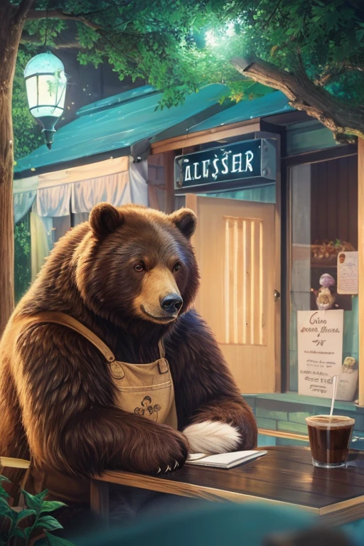 A bear is the owner of a coffee shop.　Fantasy　Picture book style　Pastel drawing