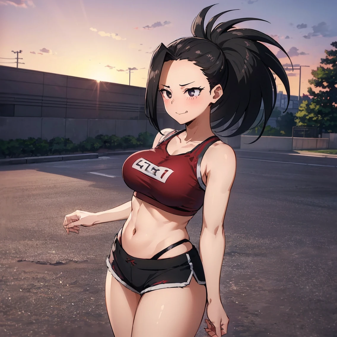((1girl)), ((alone)),yaoyorozu momo, ((extremely detailed CG unity 4k wallpaper)), (masterpiece), (ultra quality), (ultra detailed), (best illustration), (best shadow), (extremely detailed), looking at viewer, (absurdities), (detailed background), curvy body, dynamic pose, cowboy photo, large breasts, medium waist, wide hips, wide thighs, round butt,((eyes black, black hair, ponytail, long hair, hair up, red sports bra: 1.4, tight bra, bare arms, neckline: 1.2, exposed waist: 1.2, navel: 1.2, black sports shorts: 1.4, tight shorts, smile , mouth closed)), standing, cowboy photo, backlight, ((solo)), ((standing: 1.4, exterior, park, trees, cityscape, sunset, (serene expression, blushing, ,sexy, mouth closed , sexy pose), looking forward, ((focus on breasts), point of view: (from middle), perfect anatomy, perfect hands,
