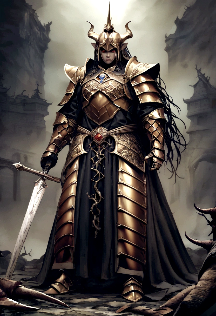 warrior, conceptual artwork, author:Kishiganku, Fantasyart , battlefield background, clean rendering, one horn, Wear armor, Bushido detailed in the form of smoke, helmet of a forgotten deity, character is standing, 8k realistic, in game rendering, detailed detail of the bottom of the face, Art station front page, bull, Fantasia pseudo-medieval, A deity wearing koi armor, Bronze Armor detalhada, Bronze Armor, golden engraved armor, Golden Obsidian Armor, Light golden armor, Beautiful filigree armor, A demonic warrior, Beautiful armor full of thorns, Complex killer armor, Complex metal armor, powerful warrior, Dressed in beautiful golden armor,Decorated with intricate patterns, The helmet has a large crown and two horns,eerie glowing red eyes, Everything is in the dark, The smoky background suggests battle scenes, Add a sinister aura to your character,submission, full body shot shot.