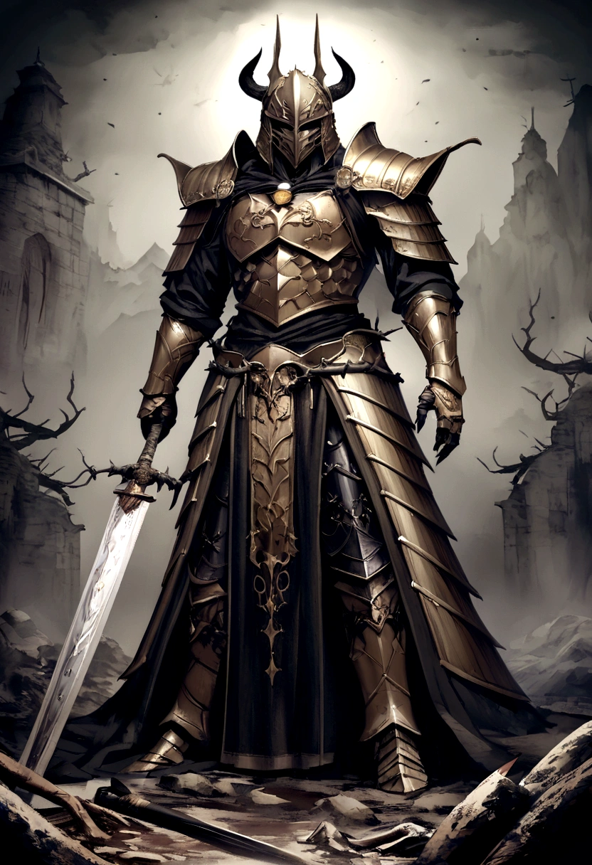 warrior, conceptual artwork, author:Kishiganku, Fantasyart , battlefield background, clean rendering, one horn, Wear armor, Bushido detailed in the form of smoke, helmet of a forgotten deity, character is standing, 8k realistic, in game rendering, detailed detail of the bottom of the face, Art station front page, bull, Fantasia pseudo-medieval, A deity wearing koi armor, Bronze Armor detalhada, Bronze Armor, golden engraved armor, Golden Obsidian Armor, Light golden armor, Beautiful filigree armor, A demonic warrior, Beautiful armor full of thorns, Complex killer armor, Complex metal armor, powerful warrior, Dressed in beautiful golden armor,Decorated with intricate patterns, The helmet has a large crown and two horns,eerie glowing red eyes, Everything is in the dark, The smoky background suggests battle scenes, Add a sinister aura to your character,submission, full body shot shot.