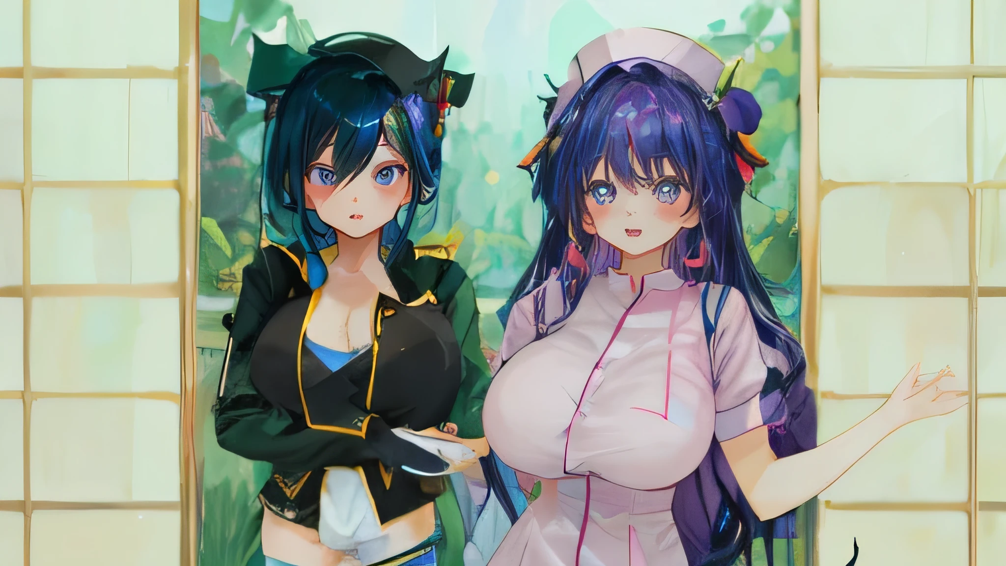 2 girls, one dark blue haired with yellow and black clothing and flat breasted, one purple haired with pink nurse outfit with huge breast.