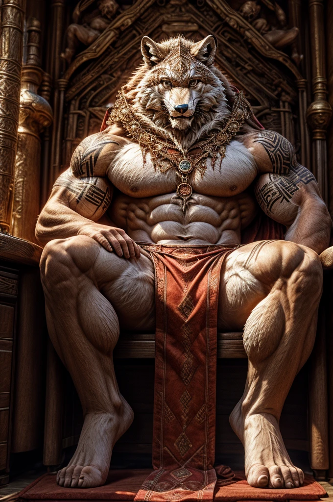 male, semen, white fox, (furry body,)all body, high quality, realistic, muscular, massive, shrine, sacred, red tattoo, furry, masterpiece, (full nude,Luxurious loincloth,) erection under cloth,) divine, spread legs, 