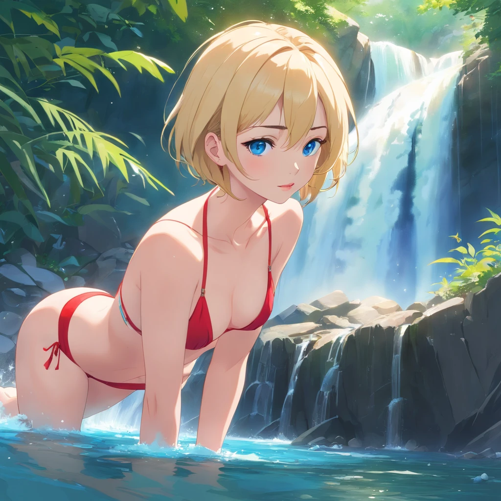 Women, ((Blonde)), ((Blue eyes)), ((Short hair)), ((Full shot)), very detailed makeup, pale pink lipstick, long earrings, posing with a red micro bikini, lying in front of a waterfall, her entire body can be seen