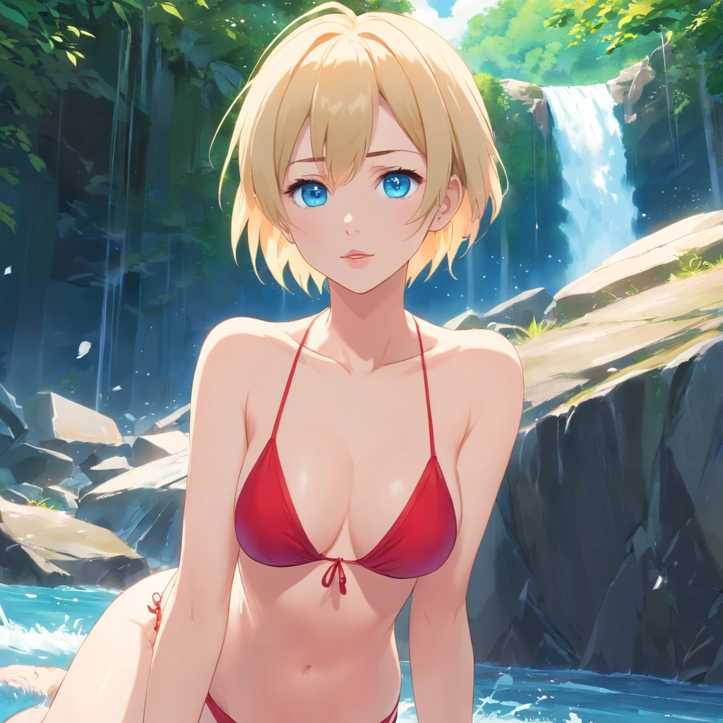 Women, ((Blonde)), ((Blue eyes)), ((Short hair)), ((Full shot)), very detailed makeup, pale pink lipstick, long earrings, posing with a red micro bikini, lying in front of a waterfall, her entire body can be seen