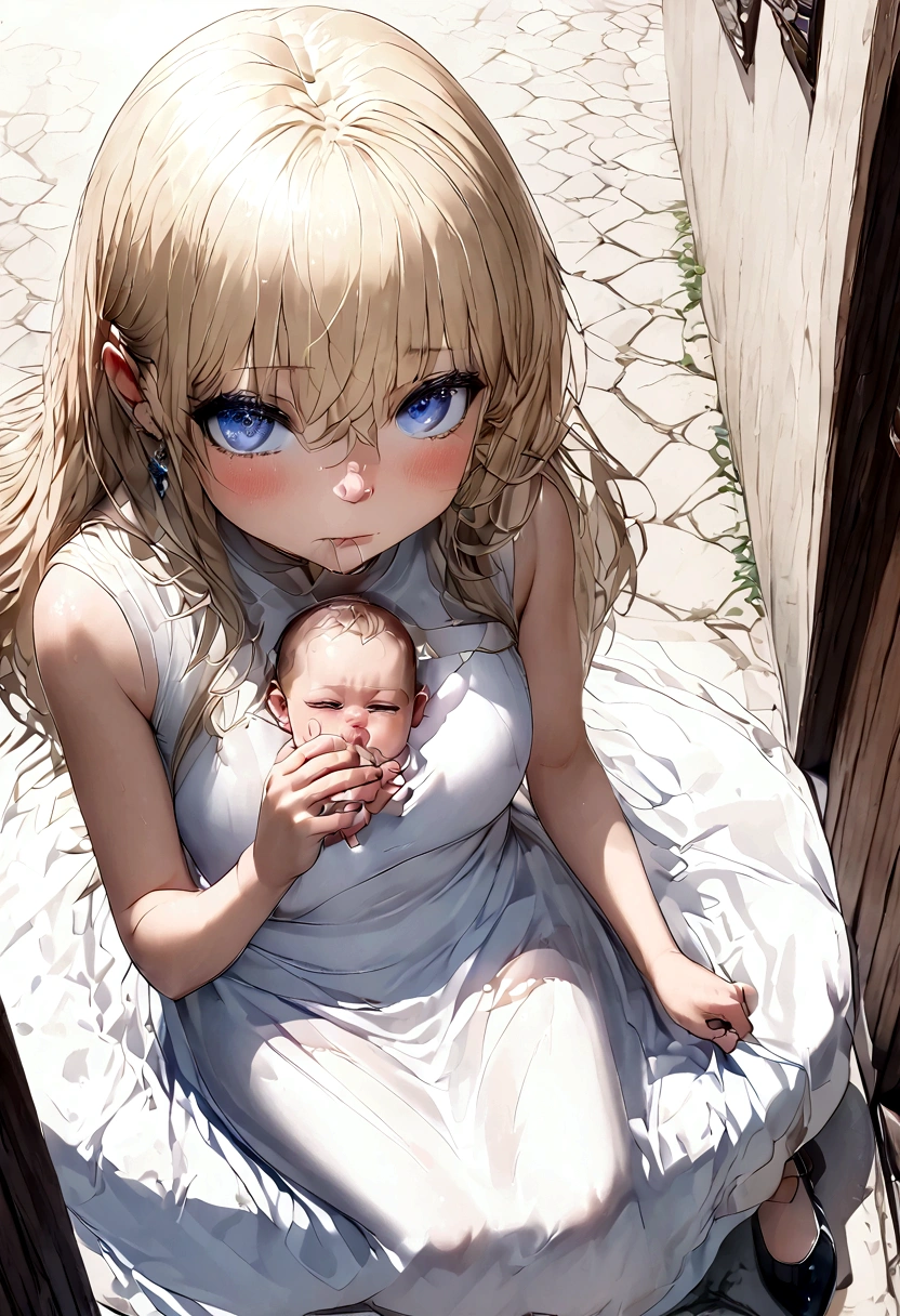 Anime. Baby. Princess. Blonde. Long hair. Blue eyes. Beautiful eyes. Light dress. Shoes. Cold. Runny nose. Snot. Nasal mucus. Sneeze. Sneezing. Sneezes. Snot flows from the nose. Wants to chug. I have to sneeze. Very strong desperate desire to sneeze. She sneezed. She sneezed. She sneezes while standing. Fantasy city. Lock. Corridor . At the entrance to the toilet. Full height. Standing. Full body.