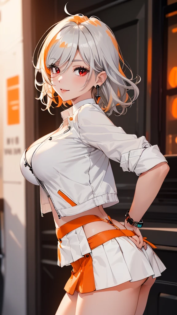 (((Masterpiece, ultra-high definition, ultra-high quality 8K quality))), Anime, a beautiful girl, small and cute face, slender and well-proportioned body, (((silver short hair, lightly wavy hair))), (((clear and beautiful red eyes, eyes with highlights, very long eyelashes))), cute smile, (((very large breasts, a slim waist, a sexy butt))), (((orange colored bra))), (((Orange colored thong))), (((white colored short-sleeved jacket))) (((Short Length Jacket))), (((((white colored micro mini skirt))))), big and cute earrings, stylish necklace, bangle, ring, stylish fashion store background