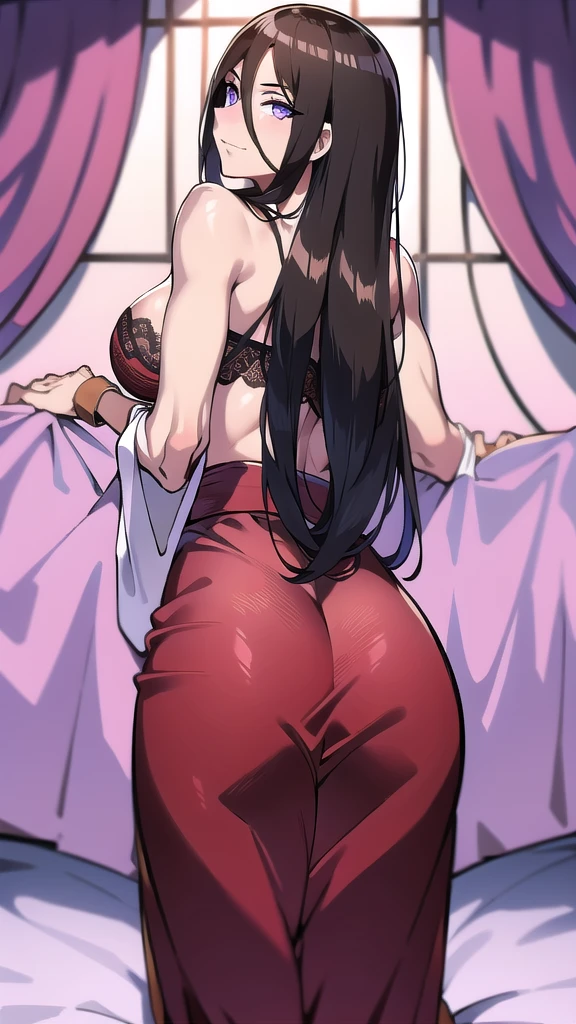 BREAK looking at viewer, BREAK (masterpiece:1.2), best quality, high resolution, unity 8k wallpaper, (illustration:0.8), (beautiful detailed eyes:1.6), extremely detailed face, perfect lighting, extremely detailed CG, (perfect hands, perfect anatomy),room,candles, night, silk bed,hyuuga hanabi, brown hair, hair between eyes, long hair, purple eyes, bare shoulders,skinny fit, long legs,stockings,lace panties,, lace bra,full body,from below,from behind