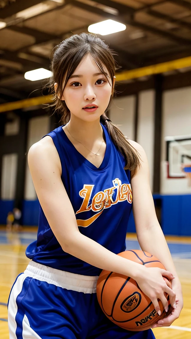 best quality, 1 beautiful woman, playing basketball, athletic outfit, dribbling the ball, focused expression, indoor court, bright gym lighting, high detail