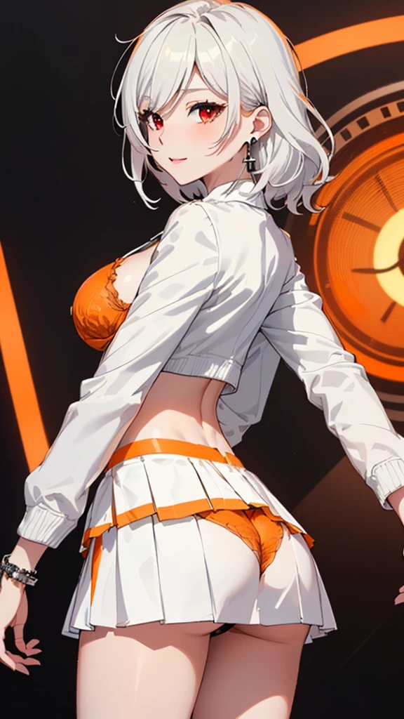 (((Masterpiece, ultra-high definition, ultra-high quality 8K quality))), Anime, a beautiful girl, small and cute face, slender and well-proportioned body, (((silver short hair, lightly wavy hair))), (((clear and beautiful red eyes, eyes with highlights, very long eyelashes))), cute smile, (((very large breasts, a slim waist, a sexy butt))), (((orange colored bra))), (((Orange colored thong))), (((white colored short-sleeved jacket))) (((Short Length Jacket))), (((((white colored micro mini skirt))))), big and cute earrings, stylish necklace, bangle, ring, stylish fashion store background