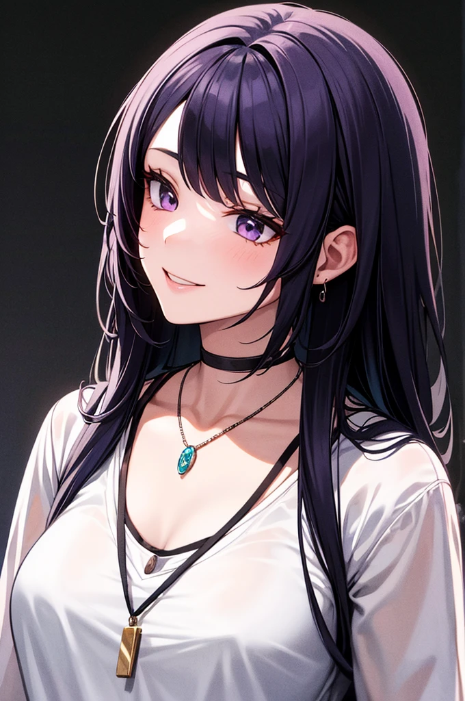 masterpiece,One girl,alone, A light smile, Metal Necklace, White shirt, Modern , accessories, Purple and black two-tone hair color, Unique Hairstyles, stylish, Black background