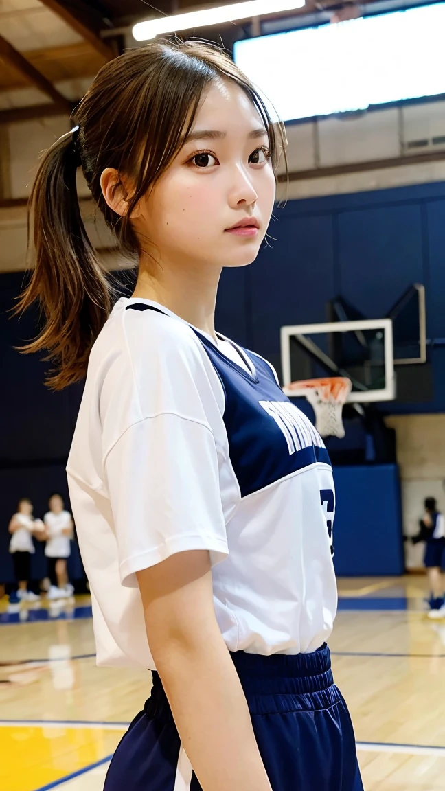 best quality, 1 beautiful woman, basketball player, athletic outfit, shooting free throw, focused look, indoor court, bright lighting,
