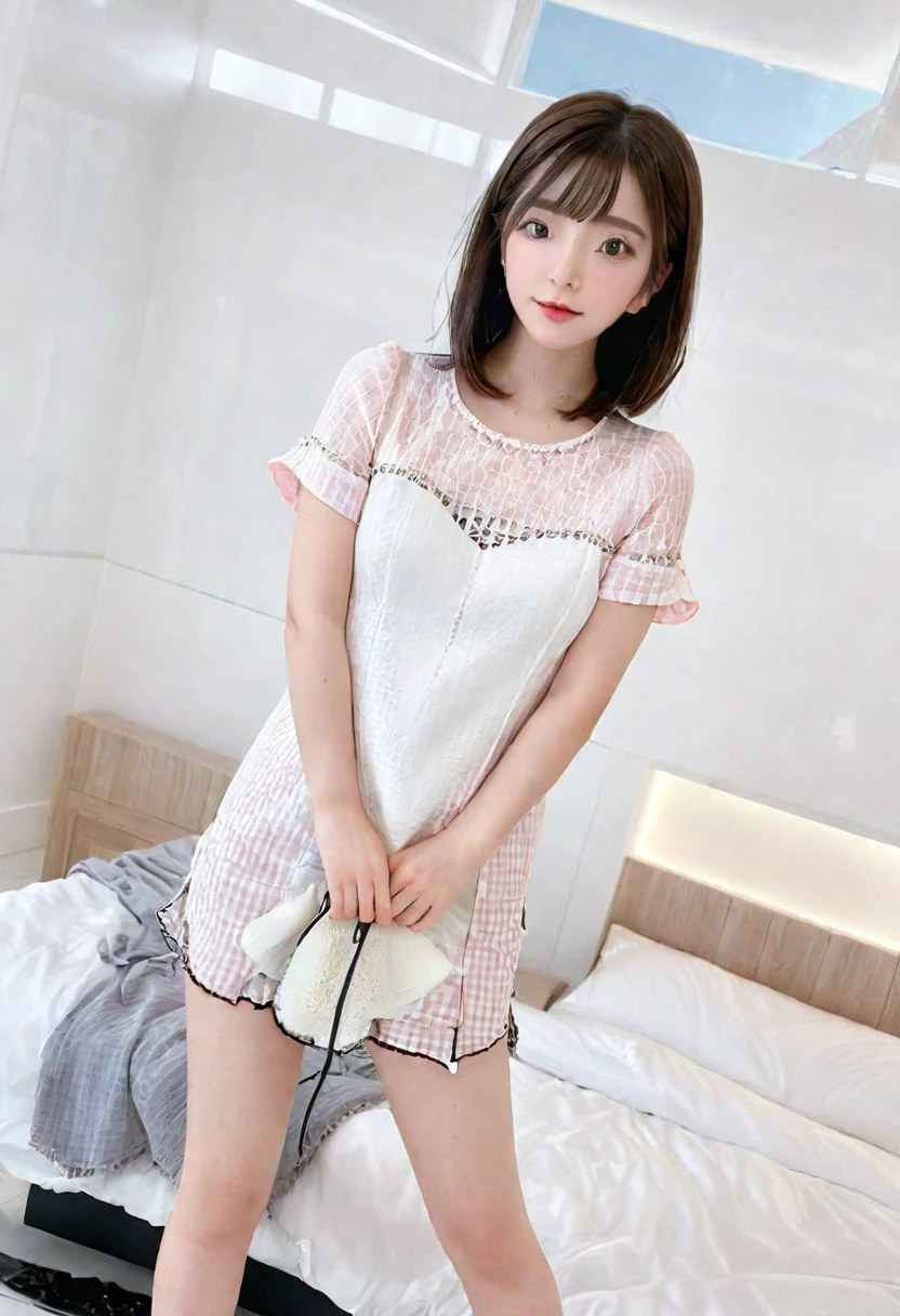 (Highest quality:1.9)、(High resolution)、Live-action image quality、((19 year old female university student、1 person))、Soft lighting by a professional photographer、Natural light、((Very spacious white luxurious room:1.6))、((Bright white room:1.6))、(Standing in front of a very luxurious white bed:1.2)、(White bookshelf background:1.1)、Natural soft light、((Black Hair Color:1.1))、Fair skin、Detailed Eyes、double eyelid、Slightly puffy cheeks、((Small Face:1.0))、((Pink lace short sleeve shirt、Please wear it with the chest open.:1.7))、((Checked mile)、((Girly pose 1.8))、((short hair:1.1))、((Full Body Shot:1.2))、((Height: 155cm))、Hands in front、Hold hands between legs、bangs、