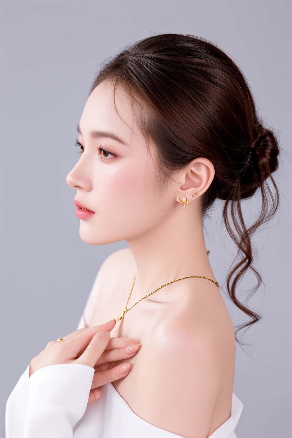 there is a woman with a white shirt and a gold necklace, young beautiful woman, gold earring, earring, fine simple delicate structure, wearing elegant jewellery, gold jewelry, a young asian woman, wearing gold jewellery, gold jewerly, lovely delicate face, elegant profile pose, a beautiful young woman, elegant profile posing, delicate jaw, earrings, wearing ornate earrings