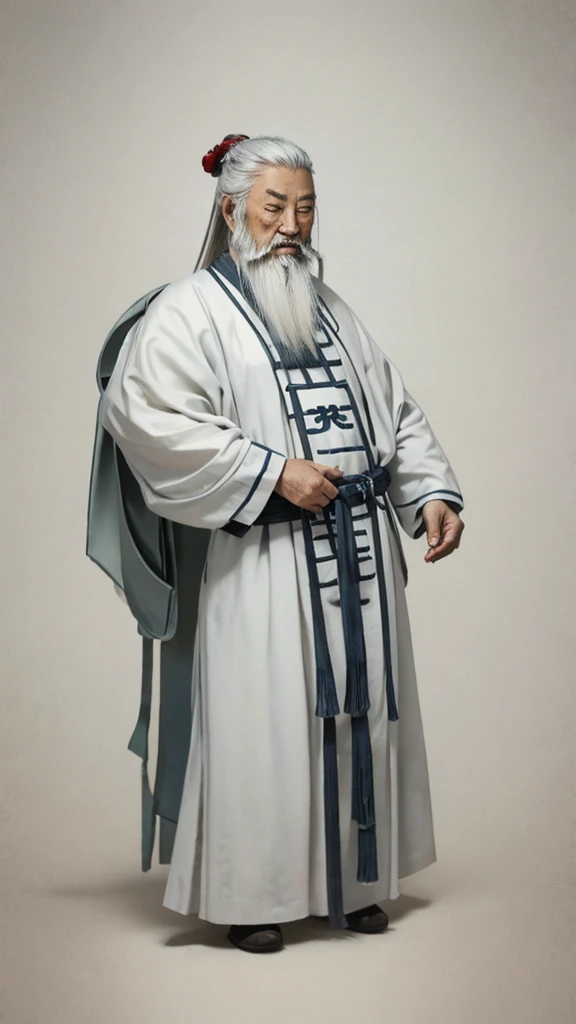 Oriental、Old man in plain white ancient Chinese costume、Ancient Chinese hairstyle old man、Highest quality、masterpiece、Ultra-high resolution、(Realistic:1.4)、Game Poster、Crisp and beautiful image quality、Gray Hair、white and long beard,,(whole body)